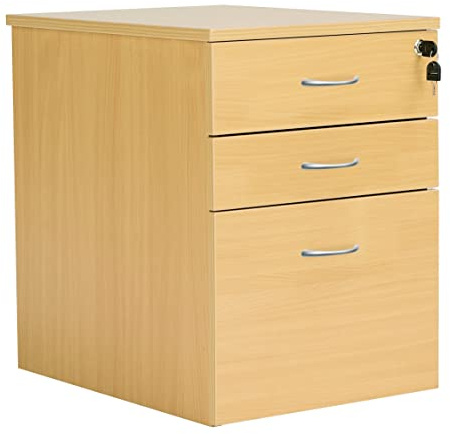 Heavy Duty 3 Drawer (1 for Filing) Mobile Pedestal Filing Cabinet, File Cabinet, Office Cabinet with Anti-Tilt Mechanism & Lockable Office Storage, 5 Year Wty, Oak