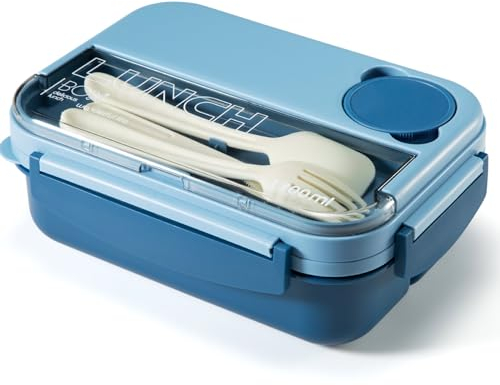 JIUFOXINO Box Lunch Box,1300ml Bento Lunch Box for Adults and Kids, Lunch Container with 4 Compartments, 4-in-1 Meal Prep Container with Fork & Spoon, Microwave Dishwasher Safe Available (Blue)