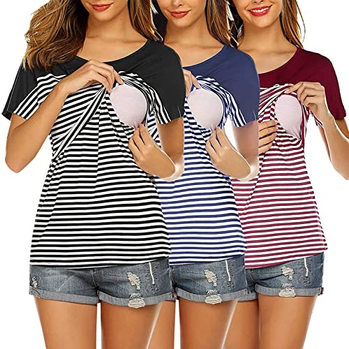 Blusas y Camisas para Premamá Camiseta Mujeres Embarazadas Fotografia Tops de Verano Superior de Nusring para Amamantar Ropa de Dormir Blusa de Doble Capa Breastfeeding Talla Grande(3 Pieza-Negro,S)
