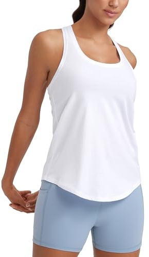 CRZ YOGA Pima Cotton Racerback Tank Tops for Women - Workout Athletic Casual Soft Scoop Neck Sleeveless Shirts White Small