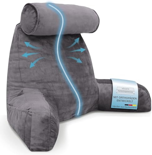 ELONEO Rückenkissen, Lesekissen für Bett und Sofa mit Armlehnen und Abnehmbarer Nackenrolle – Ideal als Rückenstütze für mehr Halt und Komfort von Rücken, Kopf und Nacken