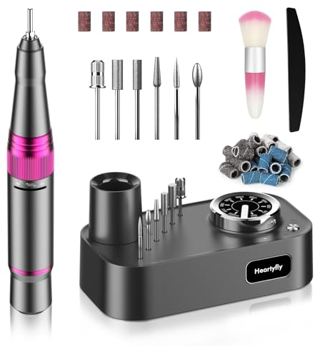 Nagelfräser, Heartyfly Elektrische Nagelfeile für Gelnägel, DIY-Maniküre-/ Pediküre-Set mit 6 Bits, 36Schleifbänder und LED Lampe, 30000RPM und einstellbarer Geschwindigkeit