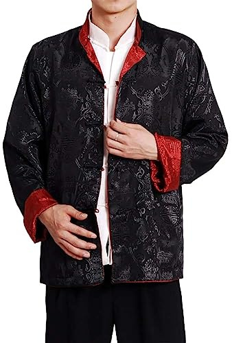 Men's Tang Suit Jacket Dragon Chinese Traditional Frog Button Long Sleeve Stand Collar Coat Kung Fu Wing Chun Uniform (Red/Black, M)
