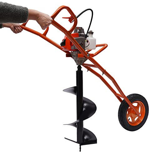 Tarière à essence 63 CC - 2 temps - Chariot manuel - 3 CV - Avec brouette - Tarière de sol avec brouette - Tarière de sol - Pour fossettes à fosses, agriculture, sylviculture (orange)