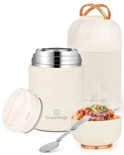 Dreamhigh® Thermobehälter für Essen 850 ml, Edelstahl Warmhaltebehälter Essen mit Griff, Thermoskanne Essen Auslaufsicher, inkl. Löffel, 12 Stunden Heiß, 12 Stunden Kalt (Weiß)