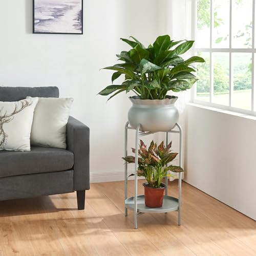 [en.casa] Blomstativ Altena växtstativ med blomkruka och hylla metall grå växthylla 60 x 27 x 27 cm blompelare för inomhus blomkruksstativ piedestal för krukväxter