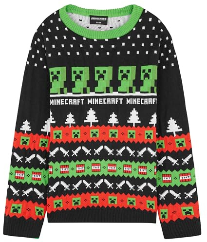 Minecraft Jersey Navideño Niños y Adolescentes, Suéter de Punto con Cuello Redondo (Black, 11-12 Años)