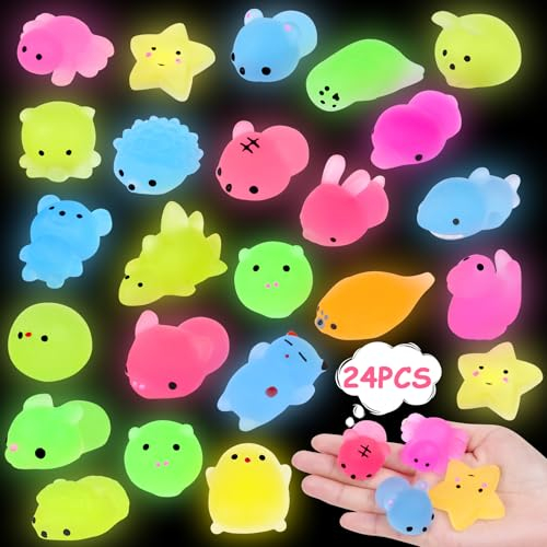 Ainiv Squishy Kawaii Set 24 Stück Mochi Mini Squeeze Spielzeug Squishies Mesh Ball Bunte Anti Stress Spielzeug Party Geschenke Dekoration für Jungen und Mädchen, Leuchtend