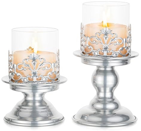Sziqiqi Kerzenhalter Stumpenkerzen Silber Metall: Kerzenständer Stumpenkerzen mit Windlicht Glas 2 Stück Stumpenkerzenhalter für Weihnachten Fensterbank Kamin Deko Wohnzimmer Garten Tischdeko