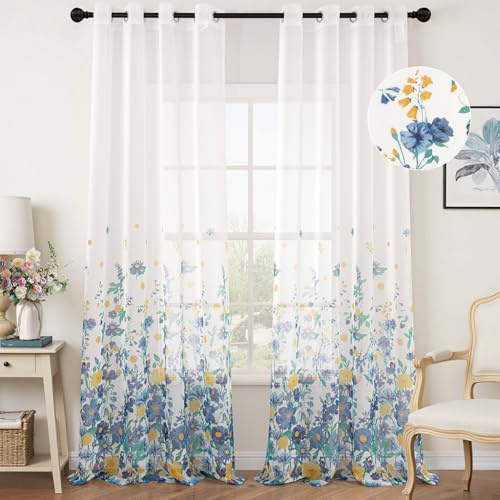 Woaboy Cortina Dormitorio Azul Oscuro Visillo con Estampadas Flores Ventana Decorativo Tansparente Moderno para Salón Habitación 2 Piezas 140x245cm