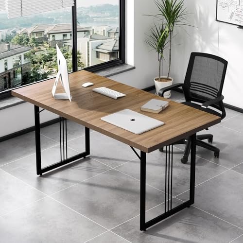 GOLDFAN 62.99 Executive Desk Industrial Wooden Rectangular Conference Room Table with Black Metal Frame Large Home Office Desk Workstation for Living Room (208 Brown, 160 * 80 * 75cm)