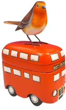 Brave Wings Hand Carved Wooden ~ Robin Red Breast Bird on a Double Decker Bus 20.5cm High ~ Ornament Sculpture Figurine Statue Unique Table Decoration Home Decor ~ 5555