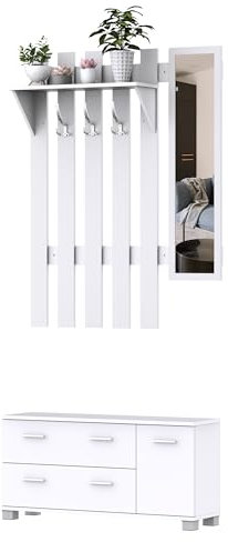 HOMCOM Set da ingresso con specchio, appendiabiti e scarpiera 3 ganci, ripiano e 2 cassetti Mobili da corridoio bianco