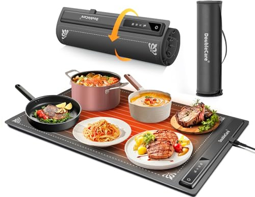 DoubleCare Silicone Heating Mat for Food, Electric Heating Tray Roll up with 5 Temperature Settings and 4-Hour Timer, Portable Fast Heating Mat for Parties, Buffets, Restaurants, Home Everyday Use