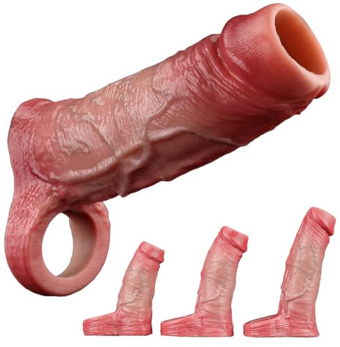Jomyu Flüssigsilikon Realistische Penishülle mit Hodenring und Venenstruktur Penismanschetten Cock Sleeve für Penisvergrößerung und Zeit Verlängern Penis Sleeve Sexspielzeug für Männer (Hautfarbe,M)