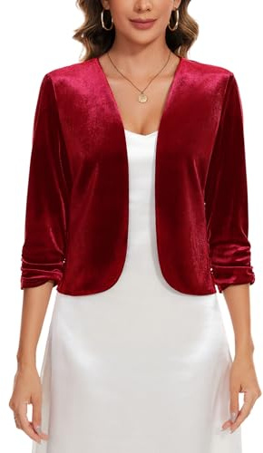 MINTLIMIT Womens Velvet Open Front 3/4 Sleeve Front Lined Cardigans Blazer Jackets Day to Night Coat for Cocktails Parties (Red L)