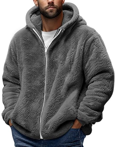 Mens Teddy Fleece Hoodies Full Zip Warm Sherpa Fleece Soft Fluffy Hooded Sweat Jackets Casual Comfy Thermal Thick Fall Winter Coats full zip micro fleeces men Dark Gray 3XL