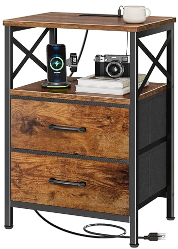 Huuger Night Stand with Charger Station, 2 Drawer Nightstand with Open Shelf, Bed Side Table with USB-C Port, End Table, Compact Size for Small Spaces, X Shaped Side Rail, Rustic Brown