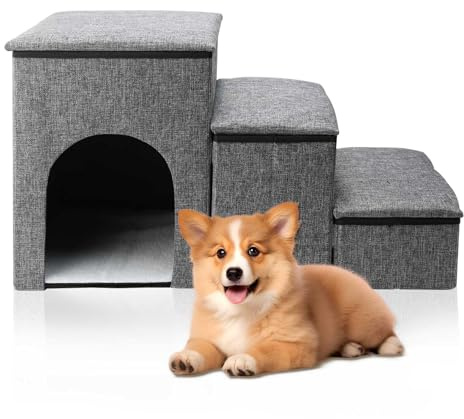 Dog Stairs with Storage and Adjustable Steps,Foldable Pet Stairs with Storage Box and Condo, for Couch/Bed, Folding Non-Slip Dog Ramp for Puppy, Cats, or Small Dog