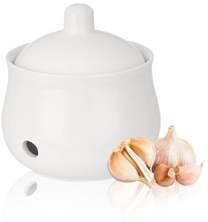 Simaixing Pot à ail en céramique pour comptoir, pot de rangement avec couvercle, récipient de rangement ventilé pour pommes de terre et oignons pour décoration de comptoir de cuisine (1 pièce)