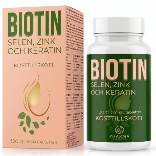 Biotin med fiskkollagen, keratin, zink och selen | 120 mikrotabletter | 1 tablett per dag. Räcker i 120 dagar. Kosttillskott för hår, naglar och skägg. Biotin bidrar till att bibehålla normalt hår
