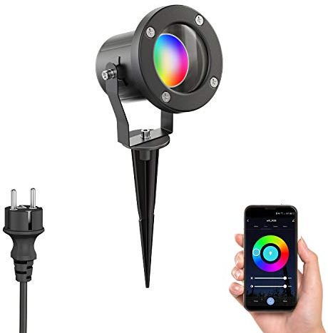 ledscom.de Faretto da giardino con picchetto a terra MIBU per uso esterno, acciaio inox, nero, incl. lampada LED Smart Home RGBW GU10, 5,41W, 473lm