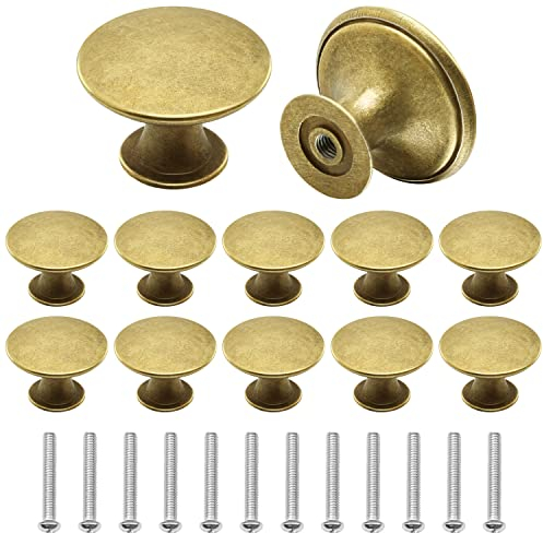 Juibao 12 Pcs Cabinet Door Knobs, Gold Drawer Knob, Antique Brass Door Knobs with Matching Screws for Cupboard, Cabinet, Drawer