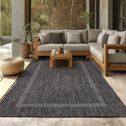 SIMPEX Outdoor Teppich Wetterfest 200x290 cm Schwarz Bordüre Design Flachgewebe Waschbar für Wohnzimmer Esszimmer Terrasse Garten