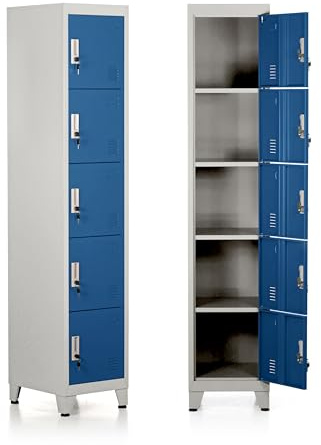 Brigros - Armadietto Metallico Multiuso, Armadio Spogliatoio Salvaspazio Con Serratura, Armadietto Vari Ripiani Con Ante In Metallo Per Ufficio O Spogliatoio (Blue, 5 Ante)