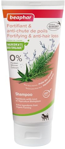 BEAPHAR – Shampoing Fortifiant & Anti-Chute de Poils labellisé ECOCERT pour Chien et Chat – Contient de l'Aloe Vera et des extraits de Prêle des Champs Bio – pH Neutre– sans paraben, Silicone– 200 ML