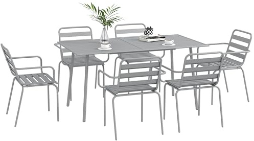 Outsunny Ensemble de 7 pièces, Ensemble de Meubles de Jardin avec 1 Table à Manger, 6 chaises empilables, Ensemble de Jardin, pour Balcon, terrasse, Acier, Gris Clair