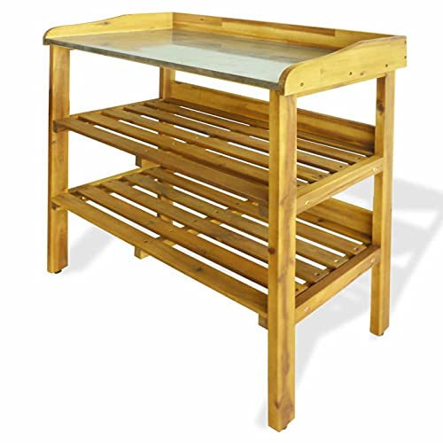 Mengtu Potting Bench with 2 Shelves Solid Acacia Wood and Zinc