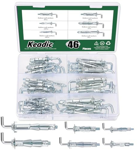 Keadic 46Pcs 6 Sizes Hollow Wall Anchor Screw Assortment Set, M4*32, M4*38, M5*37, M5*52, M6*52,M6*65, Heavy Duty Zinc Plated Steel Molly Bolts for Plasterboard Fixing (L Style)