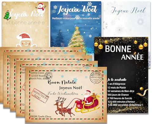 Lot de 16 cartes de Noël avec enveloppe –Carte de Voeux Noël en français 4 motifs différents Voeux Nouvel an 2025 Cartes de Noël Vintage pour Famille Amis Collègues Voisins Enfants Cadeaux Noel