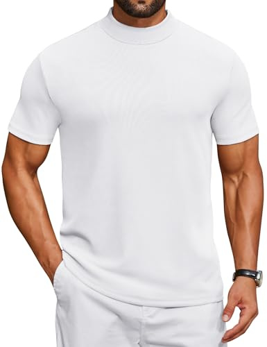 COOFANDY Mens Mock Neck Shirts Casual Short Sleeve Basic T-Shirts Regular Fit Pullover Tees, White, Medium