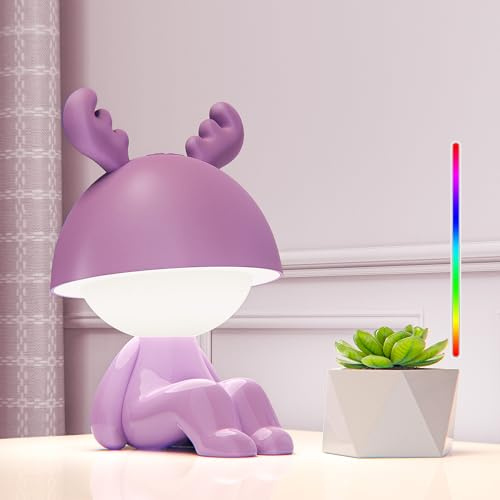FemKey Luz Nocturna Infantil, Lampara de Mesita de Noche Táctil RGB Cambio de Color, Lámpara Noche para Niños Adutos 7 Modos, Brillo Ajustable, Lampara de Mesita Kawaii Recargable Type-C, Púrpura Alce