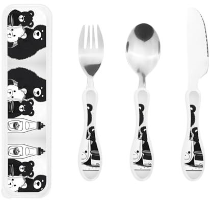 Süßes Milchflaschenbär-Westerngeschirr, 3-teiliges Steakmesser-, Gabel- und Löffelset – Design aus 304er Edelstahl und PP-Kunststoff für Kinder