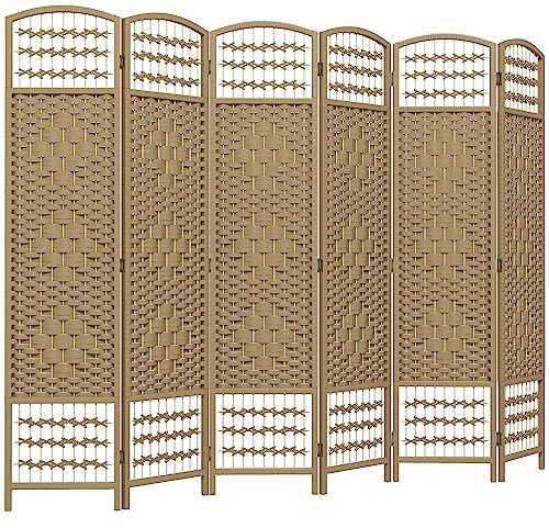 HOMCOM Biombo Separador de Ambientes de 6 Paneles 240x170 cm Divisor de Habitación Plegable de Cuerda de Papel y Marco de Madera Decoración para Dormitorio Salón Natural