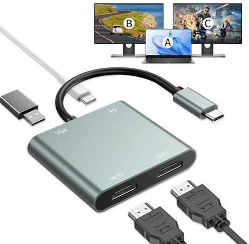 USB C to Dual HDMI Adapter, 4 in 1 HDMI Splitter for Dual Monitors 4K, USB 3.0, PD 100W, USB Type C to Dual Monitors Adapter Multiport for MacBook Pro/Air,USB C to HDMI Splitter Extended Display