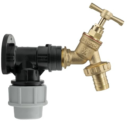 25mm MDPE Wall Flange Kit - Wall Plate Elbow with 3/4 Brass Garden Tap & Barb Hose Fitting - Easy to Install Water Hose Connector for Garden, Backyard, Farmhouse, Irrigation, Water Supply Systems