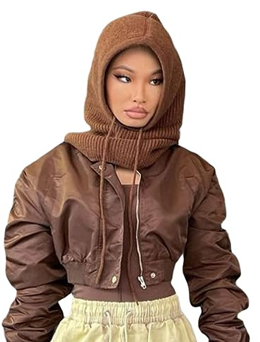 Niceyoeuk Écharpe à capuche pour femme Chapeaux Couleur unie Tricot Pull avec cordon de serrage Cagoule Bonnet d'hiver chaud Casquette, café, Taille unique