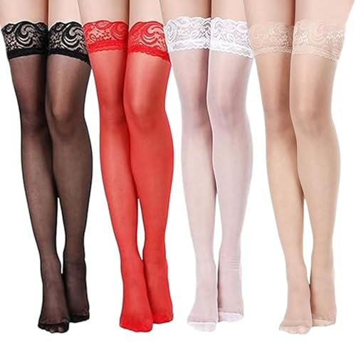 Syylqyr 4 Pairs Hold up Stockings for Women, Stockings Hold Ups for Everyday Wear Parties Shopping Entertainment Performances, Shows& Dancing One Size(Black/Red/White/skin-colored)