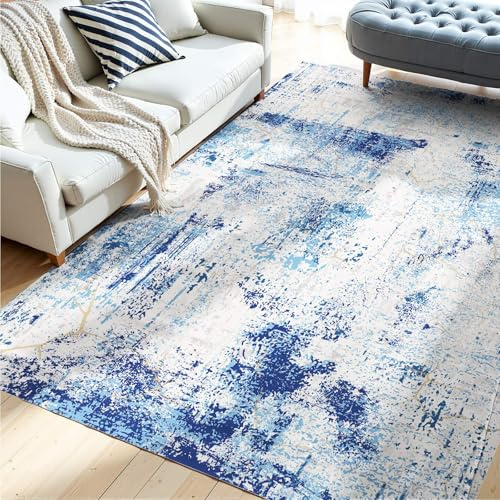 VEVOR Tapis Salon, 1,5 x 2,1 m, Grand Tapis Chambre Lavable Antidérapant, Poils Courts et Denses, Résistant aux Griffures Animaux, Doux Confortable, Style Moderne, pour Chambre, Bureau, Entrée, Bleu
