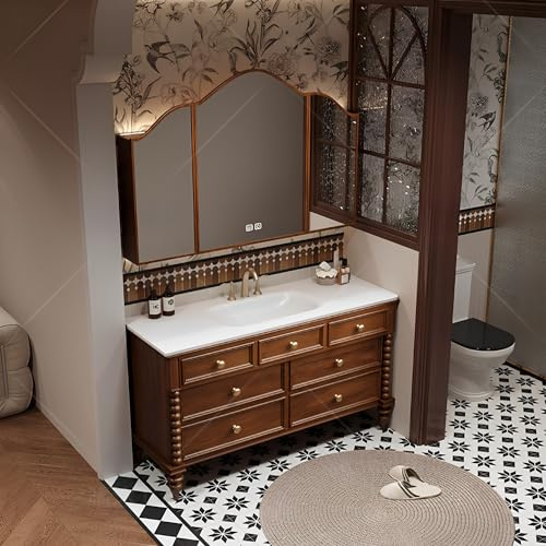 DUANHOZ Tocador de baño Moderno con Lavabo Individual de Suelo, Espejo antivaho Inteligente, Marco de Madera Maciza, Espacio de Almacenamiento Incluido, 100 cm. Diseño Elegante p
