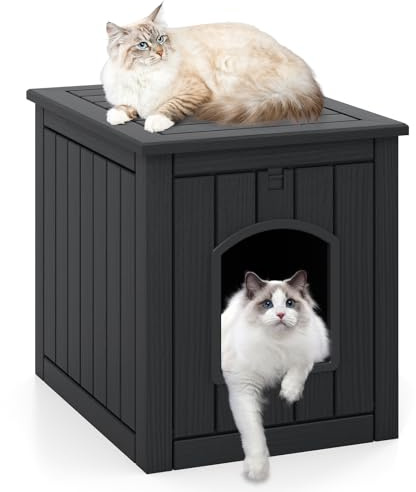 GOPLUS Casa para Gatos Exterior Resistente al Invierno Cueva para Gatos con Puerta y Entrada Abatibles Caseta para Mascotas para Gatitos Pequeños Perros y Conejos Negra Gris (Negro)