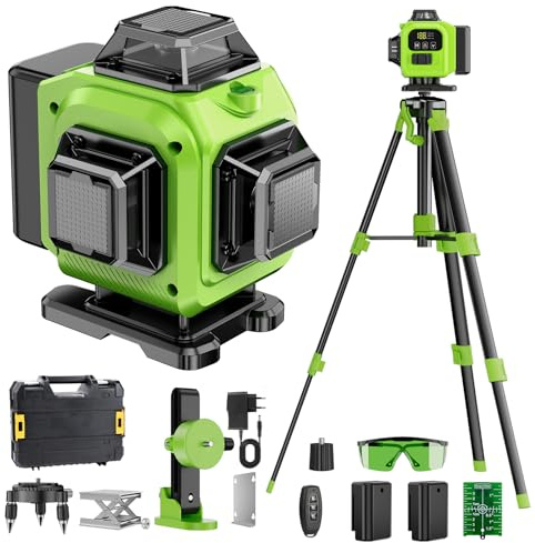 Livella Laser Autolivellante 16 Linee con Treppiede, 4 X 360 °Livello Laser Autolivellante Verde, 2 x Batterie, Autolivellante, Supporto rotante, Telecomando
