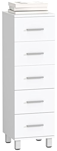 HOMCOM Mobile Bagno Slim con 5 Cassetti, Mobiletto Bagno Salvaspazio con Maniglia, Mobile Cassettiera Stretto Moderno, per Soggiorno, Camera da Letto, Cucina, 30x30x95 cm, Bianco