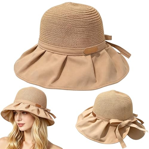 Yxelydriail Sun Hats for Women UK, Bowknot Straw Hats Women Wide Brim Summer Beach Cap,Foldable Packable Hats for Vacation Summer Travel Holiday