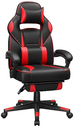 SONGMICS Fauteuil de Bureau, Chaise Gaming, RÉglable, Repose-Pieds TÉlescopique, MÉcanisme À Bascule, Appui-tÊte, Support Lombaire, Charge 150 kg, Noir d'encre et Rouge Fraise OBG73BRV1