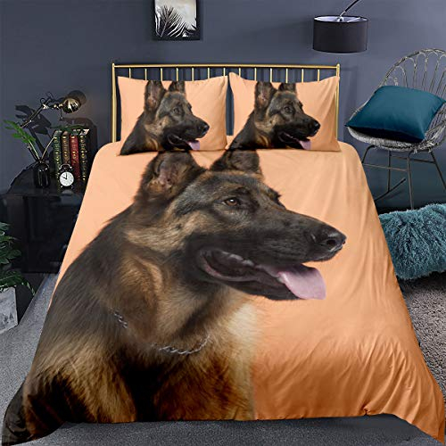Loussiesd Deutscher Schäferhund Bettwäsche Set 135x200cm Hund Drucken Bettbezug Set Schwarz Braun 3D Tier Dekorativ Demu Betten Set für Mädchen Jungen Kinder mit 1 Kissenbezug 80x80cm